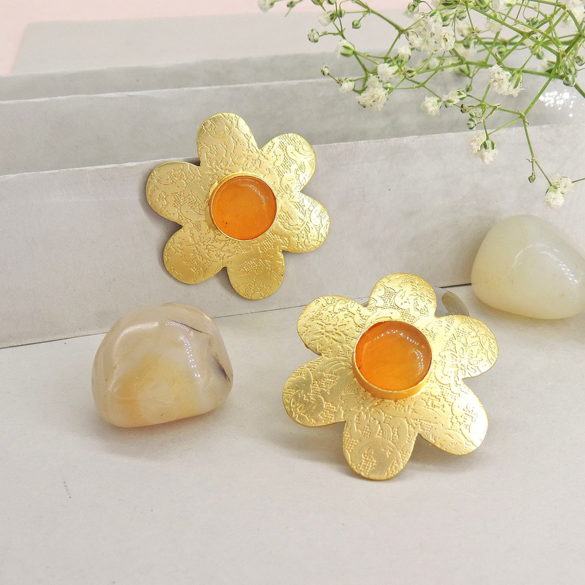 Star earrings with yellow stone – Indian gold tone star earrings for festive wear – Joyrias