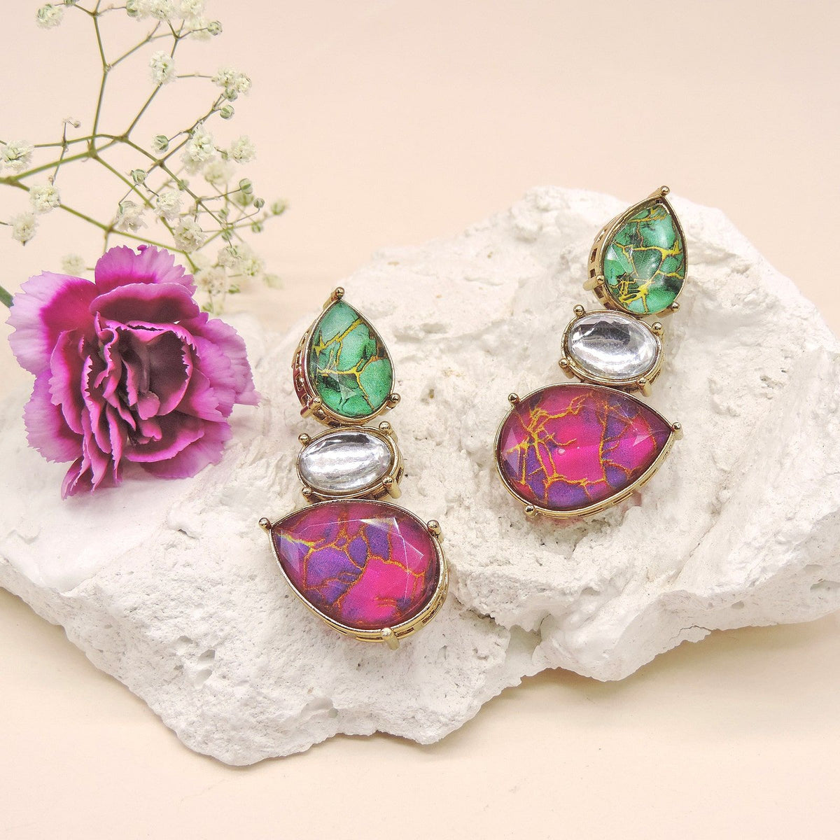 Magenta fire stone long statement earrings – Indian ethnic statement earrings for festivals USA – Joyrias