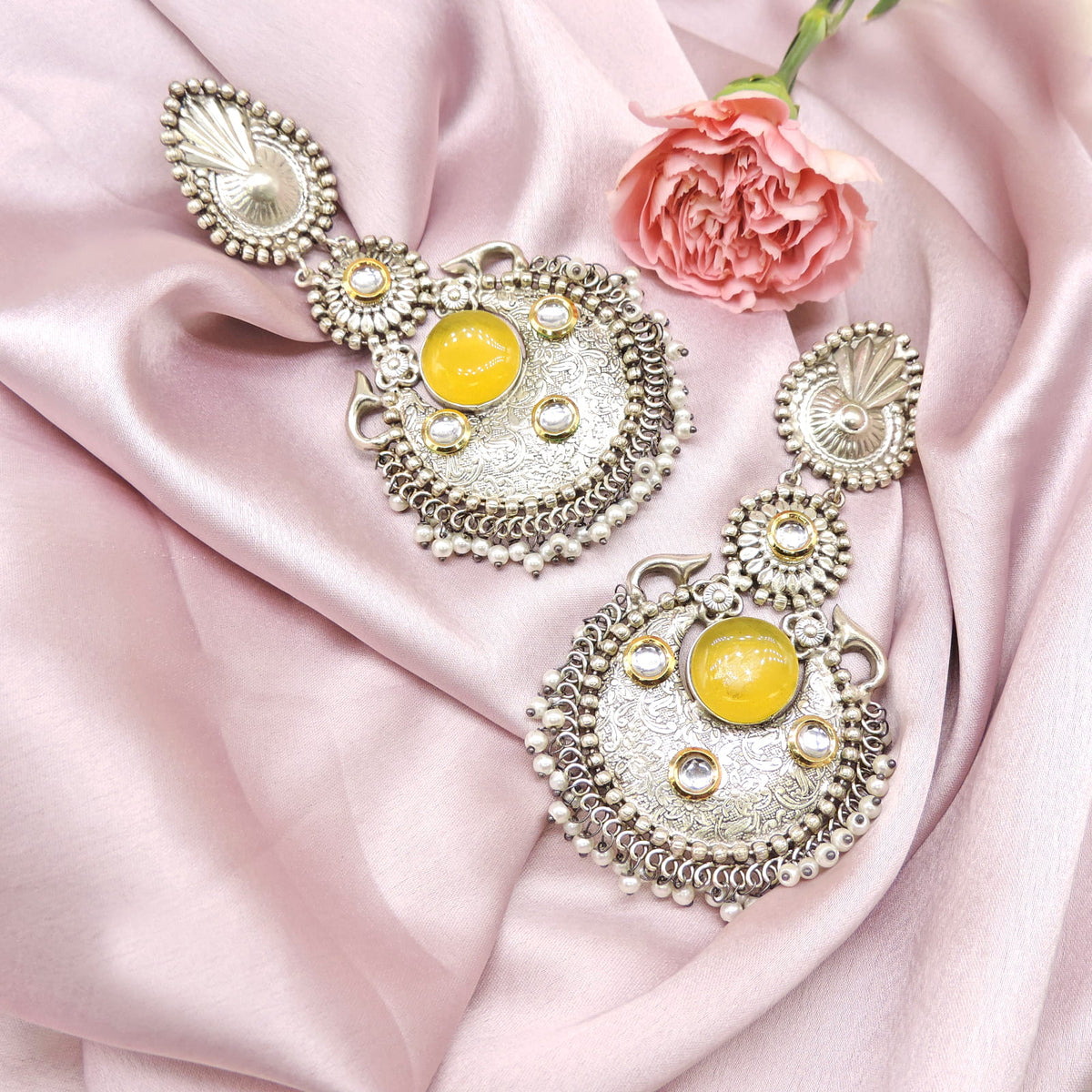 Silver plated earrings with stone accents – ethnic Indian earrings for festive wear – Joyrias