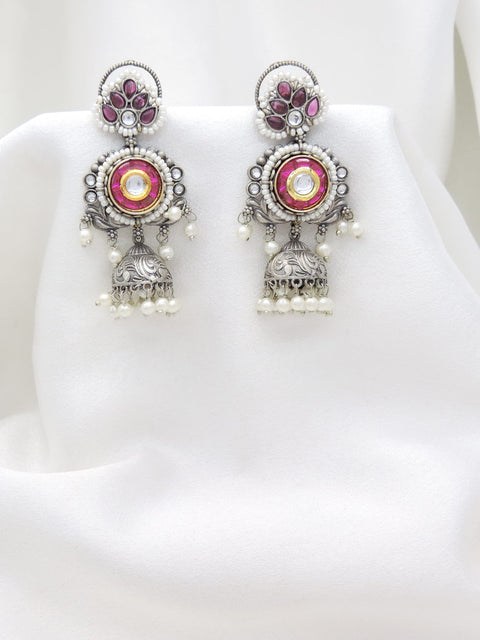 Oxidized Dual-Tone Green Floral Jhumka Earrings