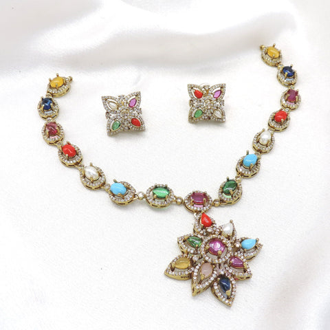 Multicolor floral pendant necklace set with matching earrings by joyrias