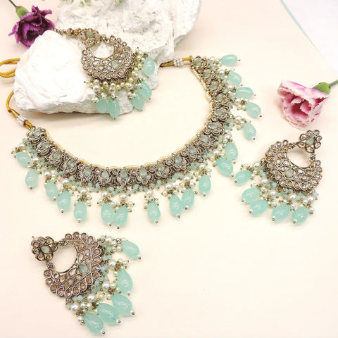 Mint drop Kundan necklace set – statement bridal choker with earrings for Indian weddings – Joyrias