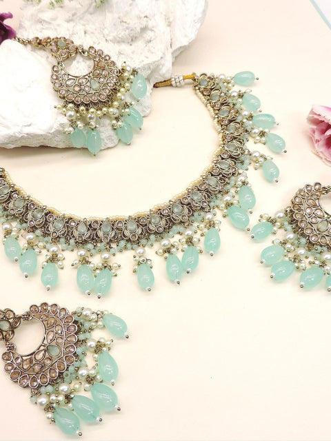 Mint drop Kundan necklace set – statement bridal choker with earrings for Indian weddings – Joyrias