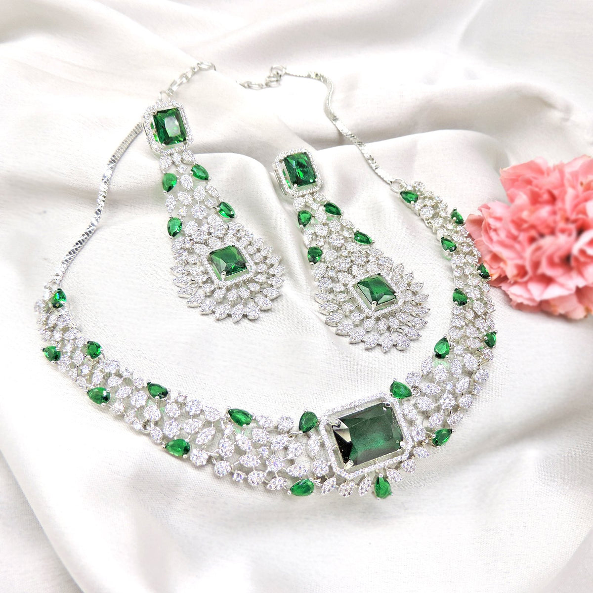 Premium CZ with green doublet necklace set – Indian cubic zirconia necklace USA – Joyrias