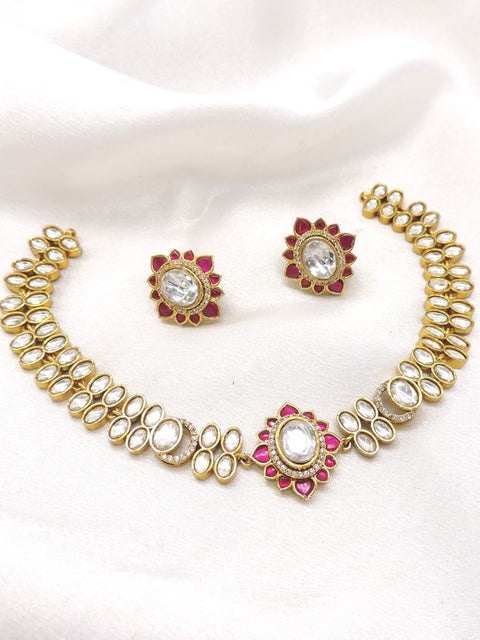 Crimson kundan floral necklace set with matching earrings by joyrias