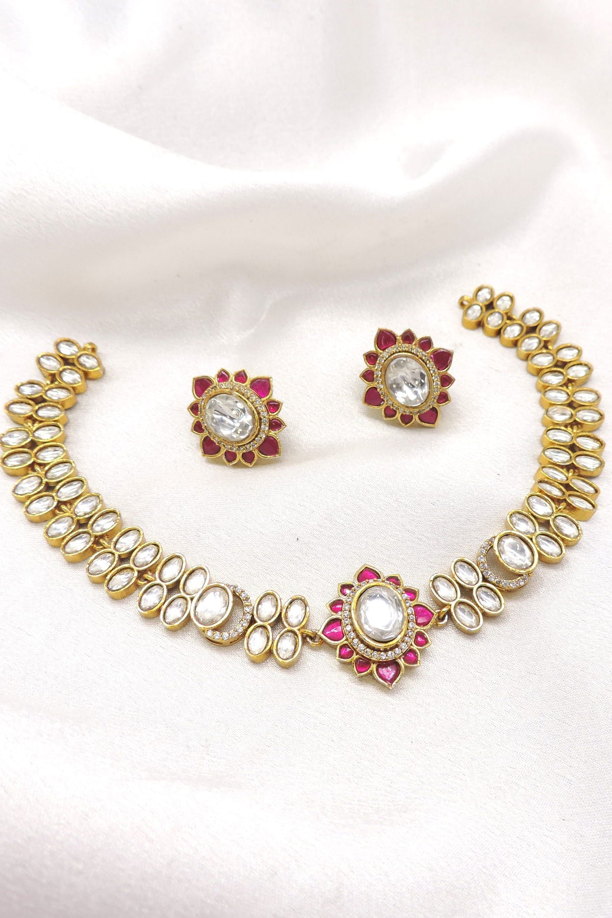 Crimson kundan floral necklace set with matching earrings by joyrias