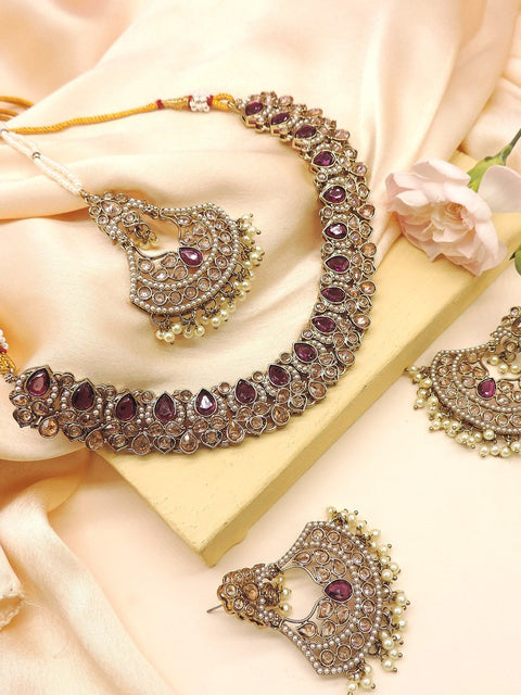 Maroon Kundan bridal choker necklace set with statement earrings – Indian wedding jewelry USA – Joyrias