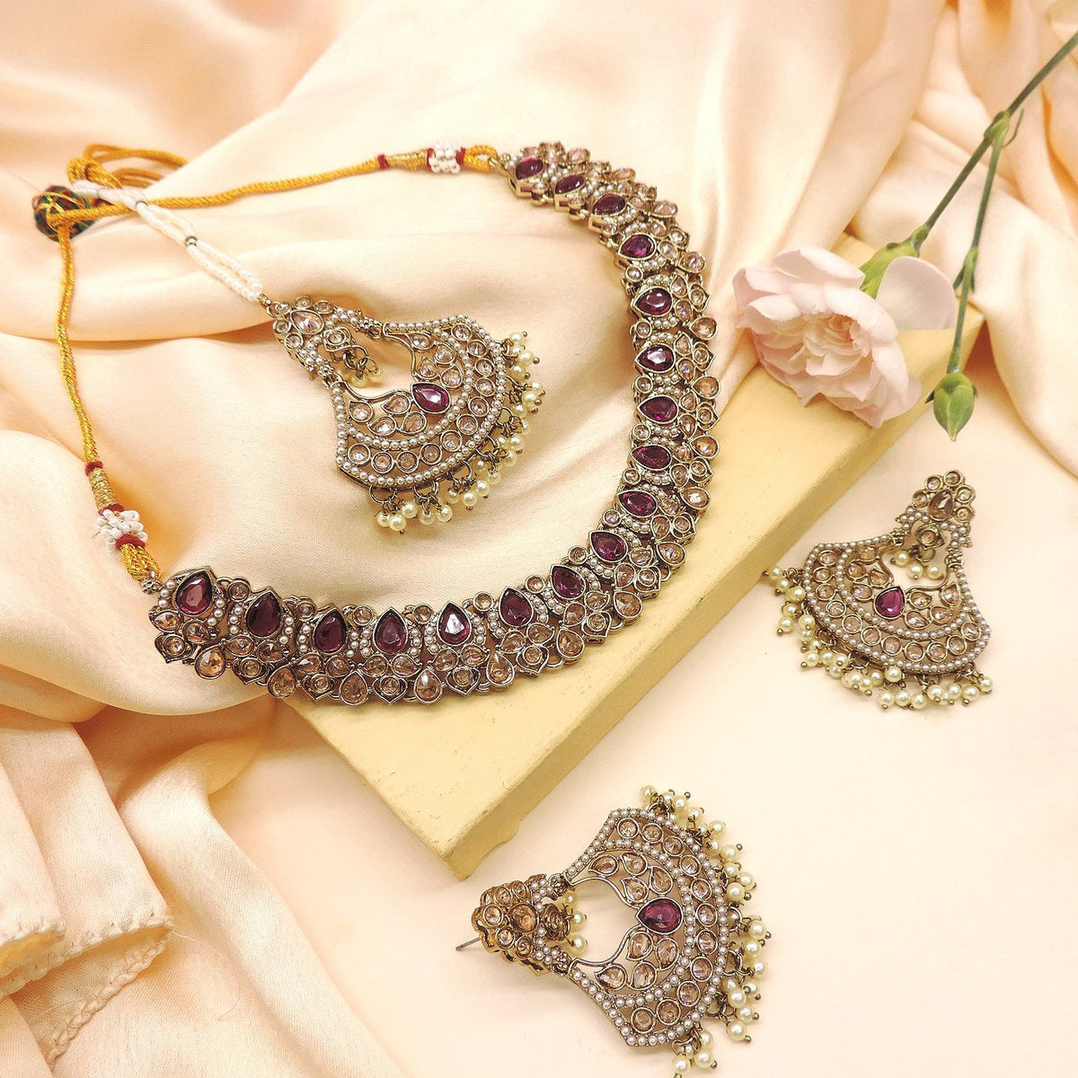 Maroon Kundan Necklace Set ? Bridal Choker with Statement Earrings Image 0