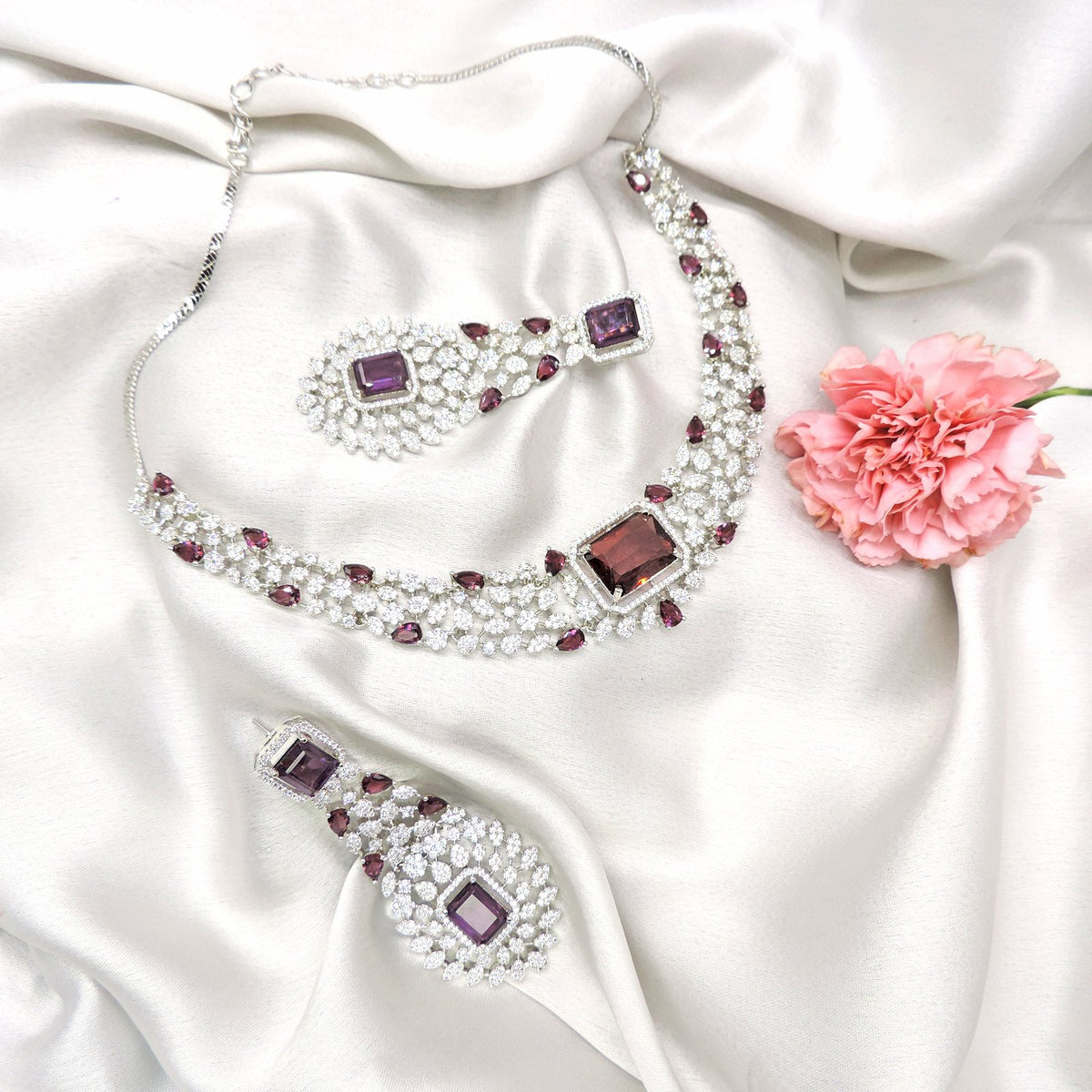 Premium CZ with brown doublet necklace set – Indian cubic zirconia necklace USA – Joyrias