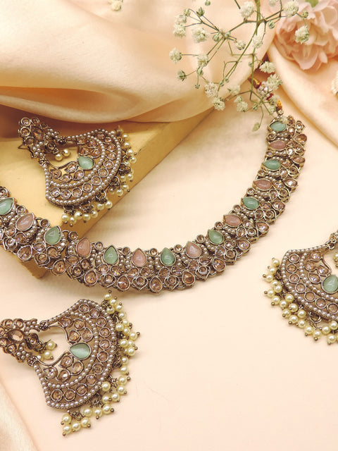 Pastel mint and blush Kundan bridal choker necklace set with earrings and tikka – Indian jewelry USA – Joyrias