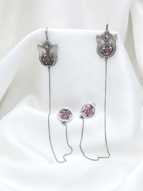 Oxidized Silver Green Pink Floral Ear Cuff Earrings