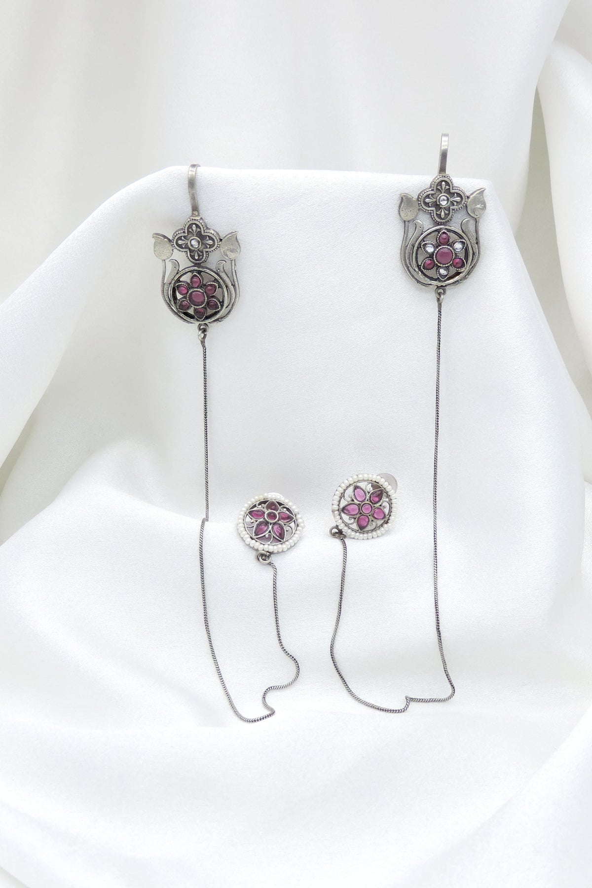 Oxidized Silver Green Pink Floral Ear Cuff Earrings