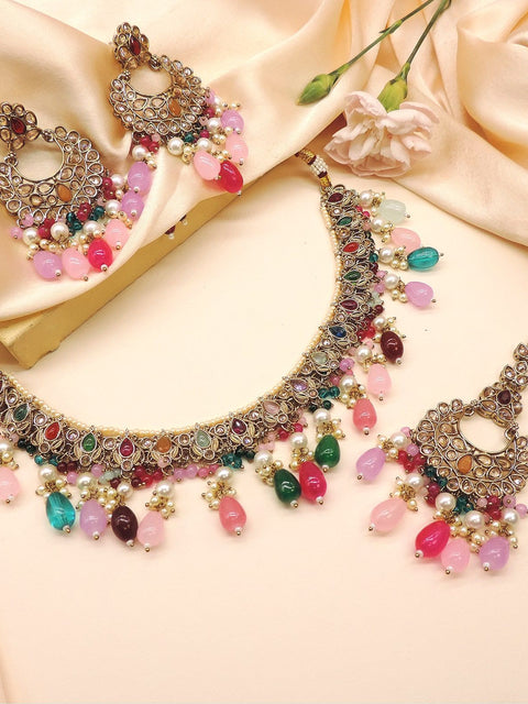 Multicolor Kundan bridal choker necklace set with earrings and maang tikka – Indian jewelry USA – Joyrias