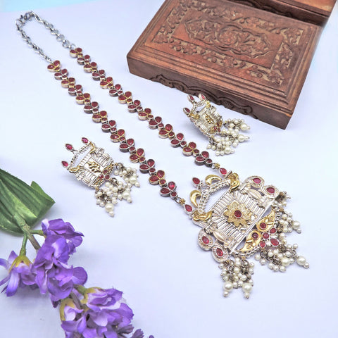 Silver plated long necklace set with earrings – Indian ethnic long necklace USA – Joyrias
