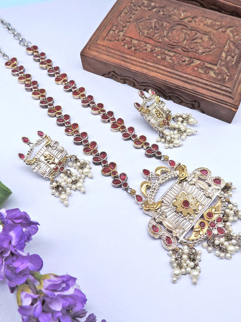 Silver plated long necklace set with earrings – Indian ethnic long necklace USA – Joyrias