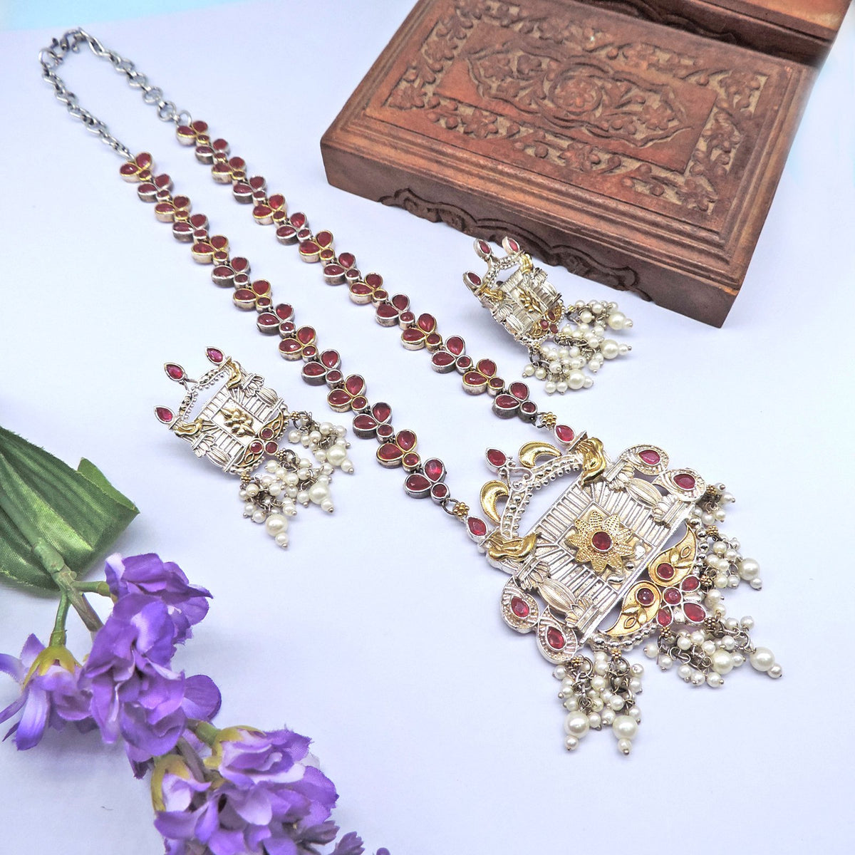 Silver plated long necklace set with earrings – Indian ethnic long necklace USA – Joyrias