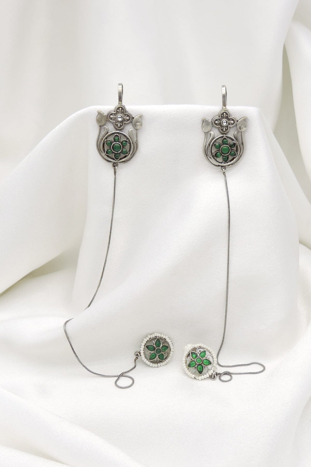 Oxidized Silver Green Pink Floral Ear Cuff Earrings