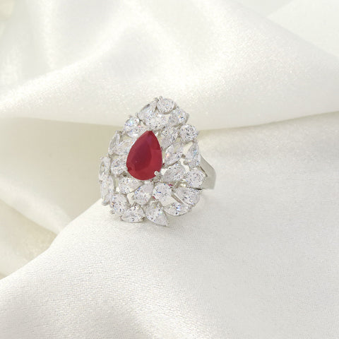 Ruby red AD pear cut cocktail ring by Joyrias