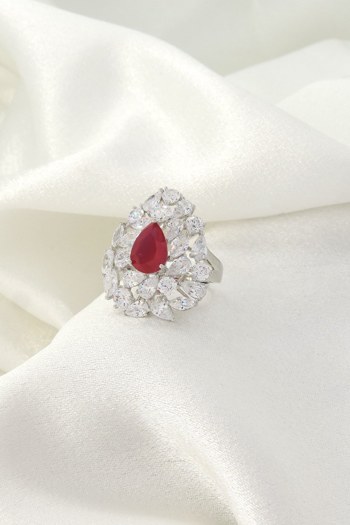 Ruby red AD pear cut cocktail ring by Joyrias
