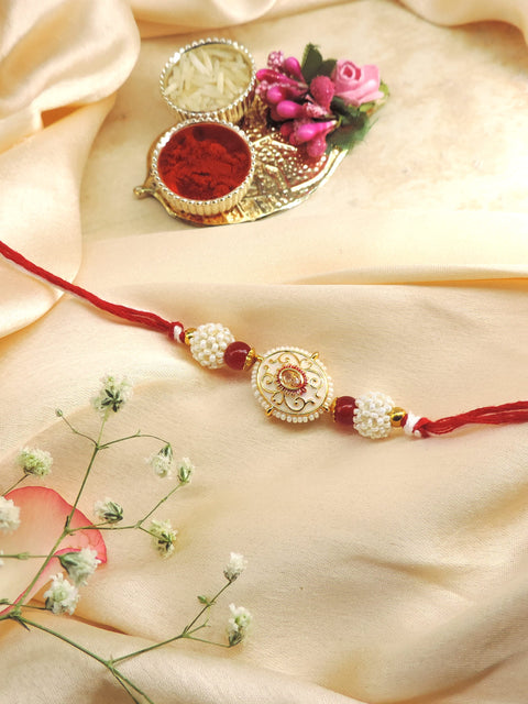 Pearl Designer Rakhi with Red Beads
