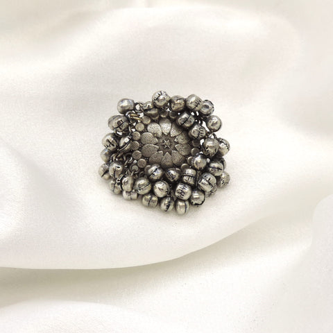 Oxidised antique bead ring with intricate circular detailing and clustered silver beads from joyrias