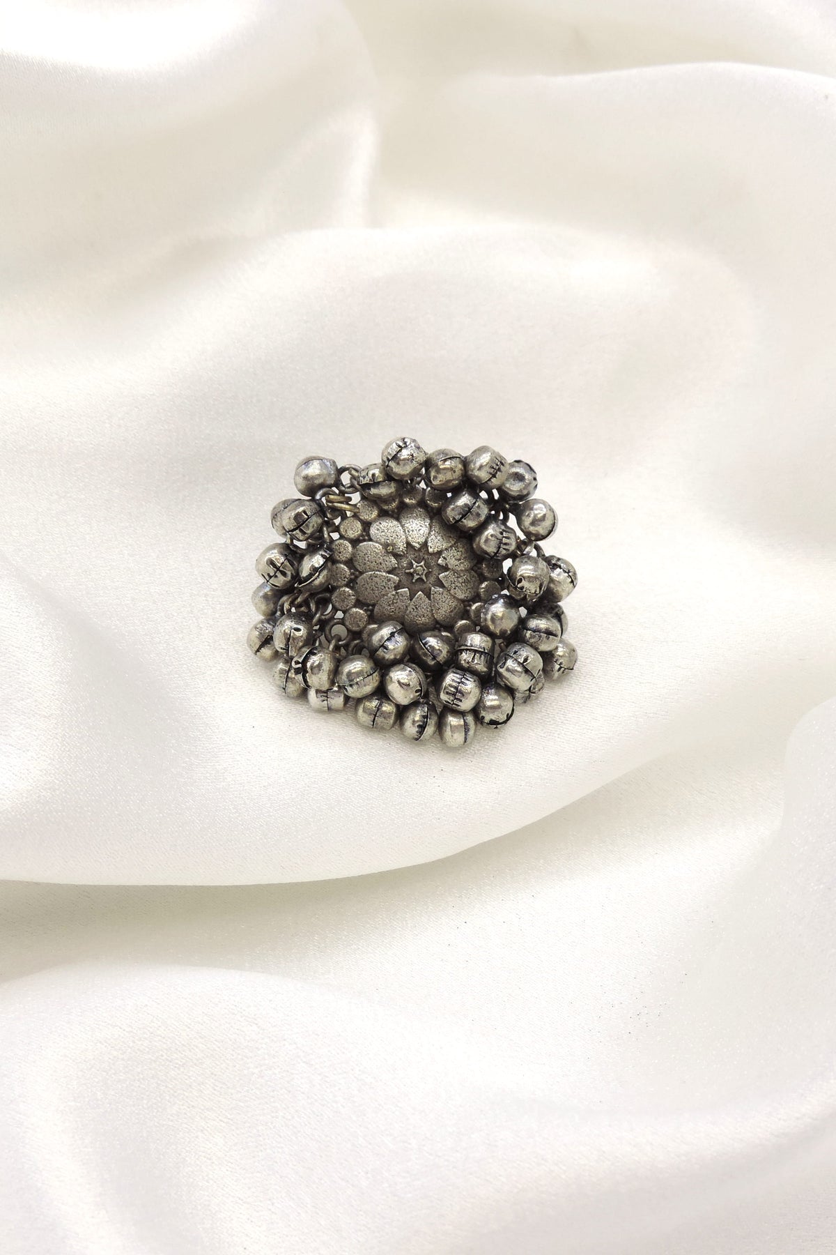 Oxidised antique bead ring with intricate circular detailing and clustered silver beads from joyrias