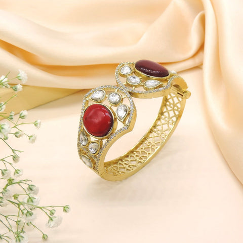 Gold-Plated Dual Ruby Stone Kada Bangle with Kundan Image 0