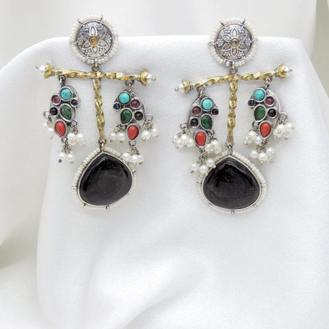 Oxidized multicolor tribal drop earrings with vibrant stone detailing by joyrias