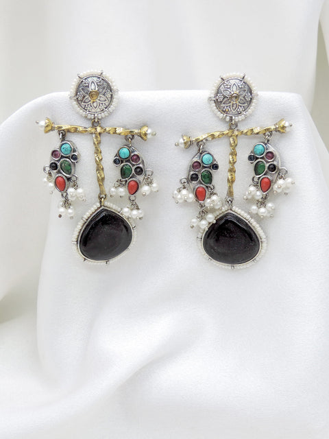 Oxidized multicolor tribal drop earrings with vibrant stone detailing by joyrias
