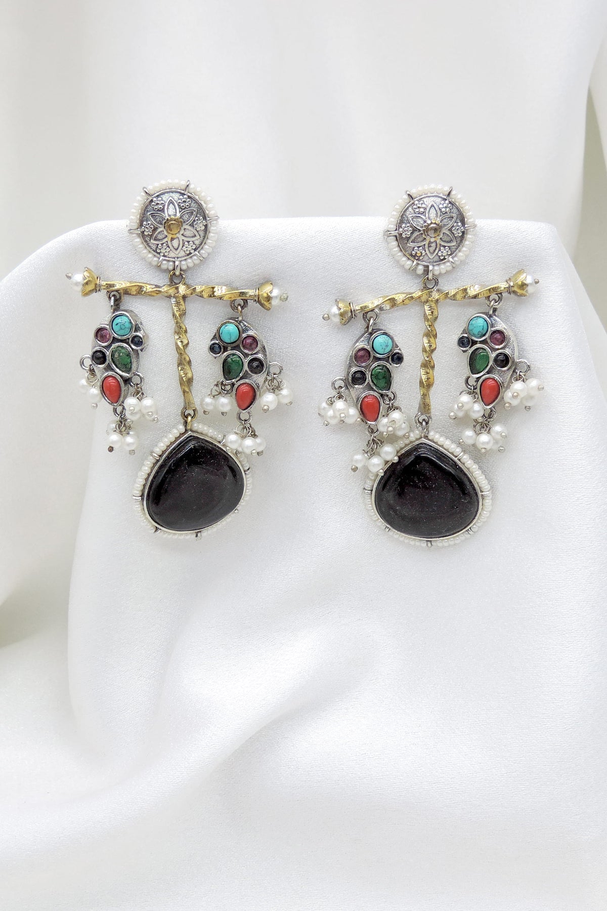 Oxidized multicolor tribal drop earrings with vibrant stone detailing by joyrias