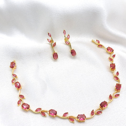 Ruby tulip vine necklace set with matching earrings and CZ AD detailing by joyrias