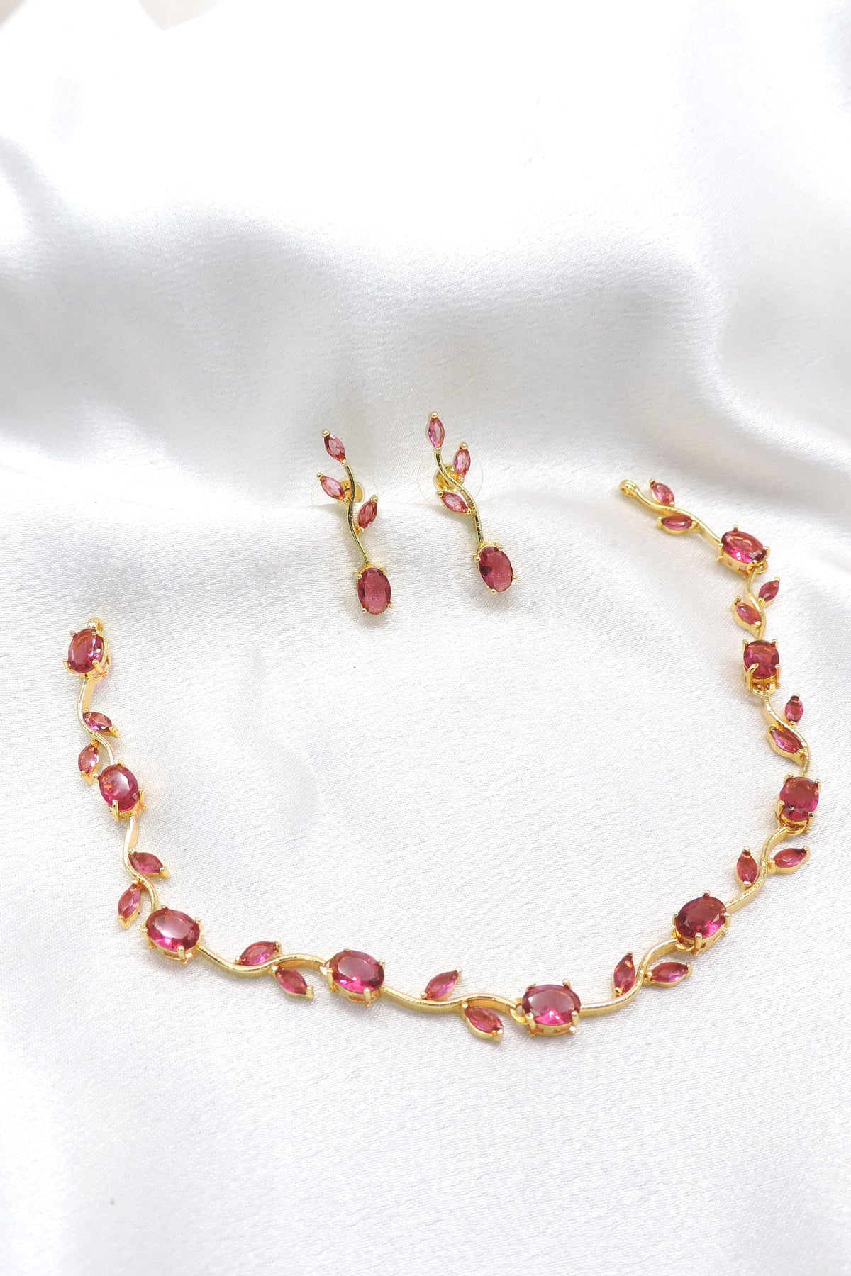 Ruby tulip vine necklace set with matching earrings and CZ AD detailing by joyrias