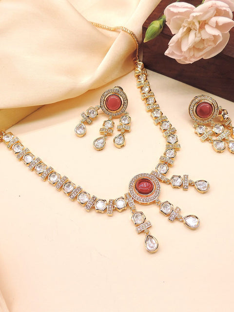 Red and white Kundan gold finish bridal choker necklace with earrings – Indian wedding jewelry USA – Joyrias