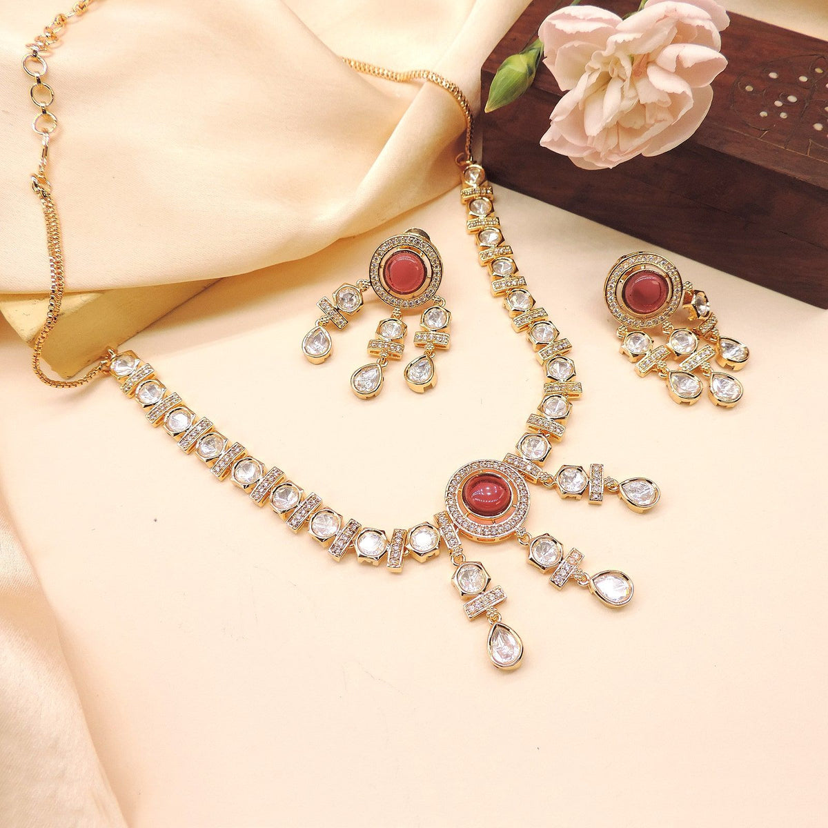 Red & White Kundan Necklace Set ? Gold Finish Bridal Choker with Earrings Image 0