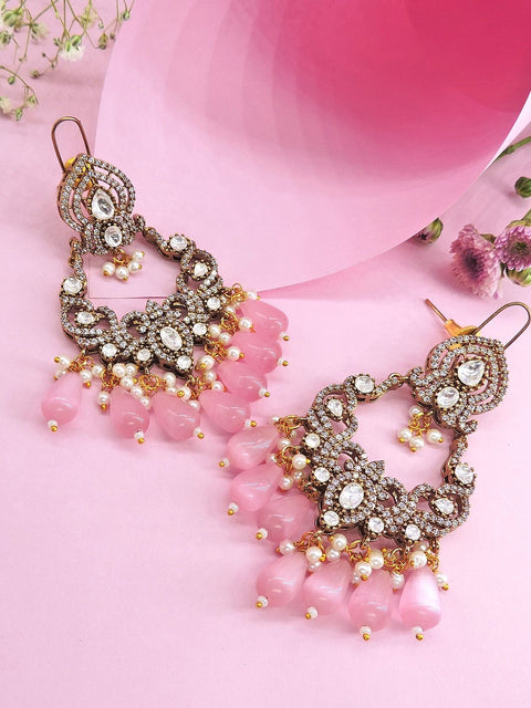 Moissanite chandbali earrings with pink drops – Indian Moissanite earrings for weddings USA – Joyrias