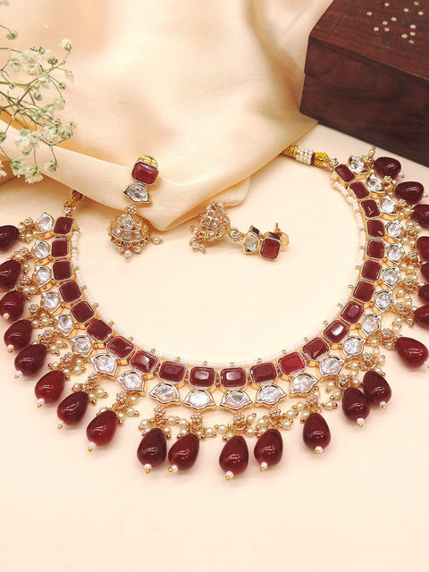 Wine red Kundan bridal choker necklace set with earrings – Indian wedding jewelry USA – Joyrias
