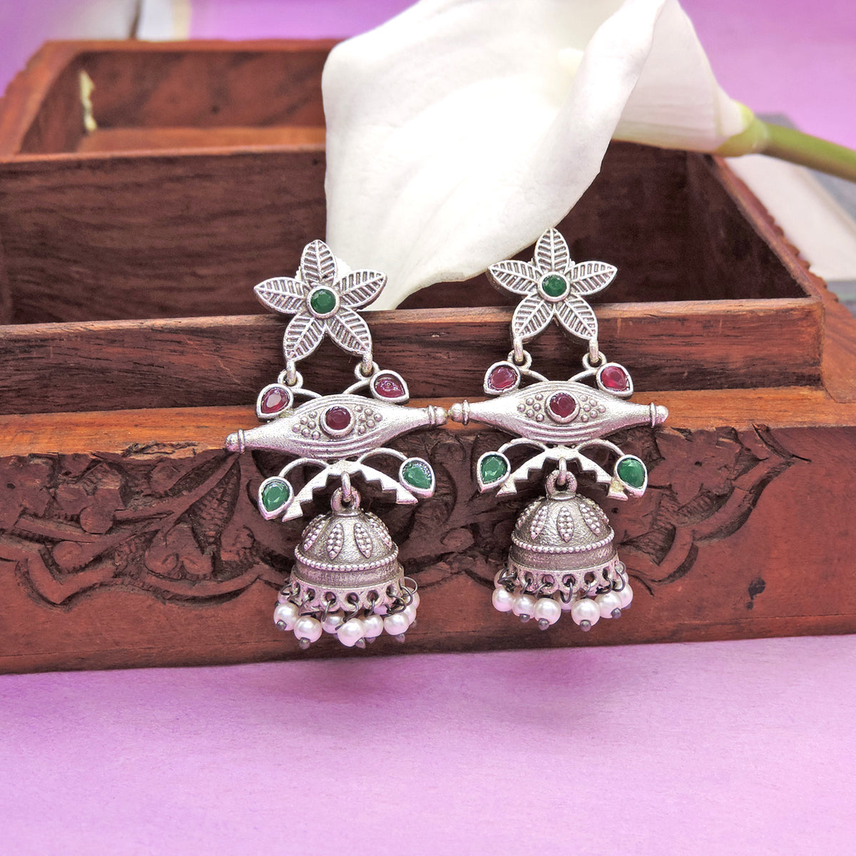Blue Stone Oxidized Jhumka Earrings with Pearl Drops