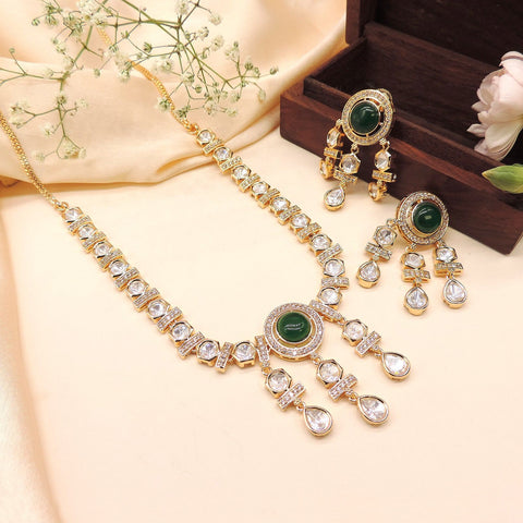 Emerald Green & White Kundan Necklace Set ? Gold Finish Bridal Choker with Earrings Image 0