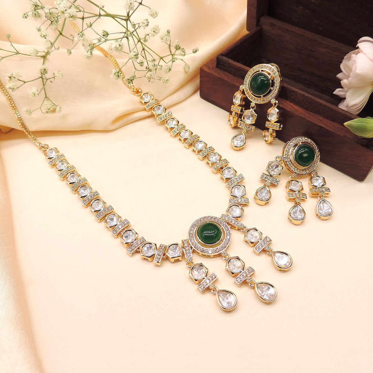 Emerald Green & White Kundan Necklace Set ? Gold Finish Bridal Choker with Earrings Image 0