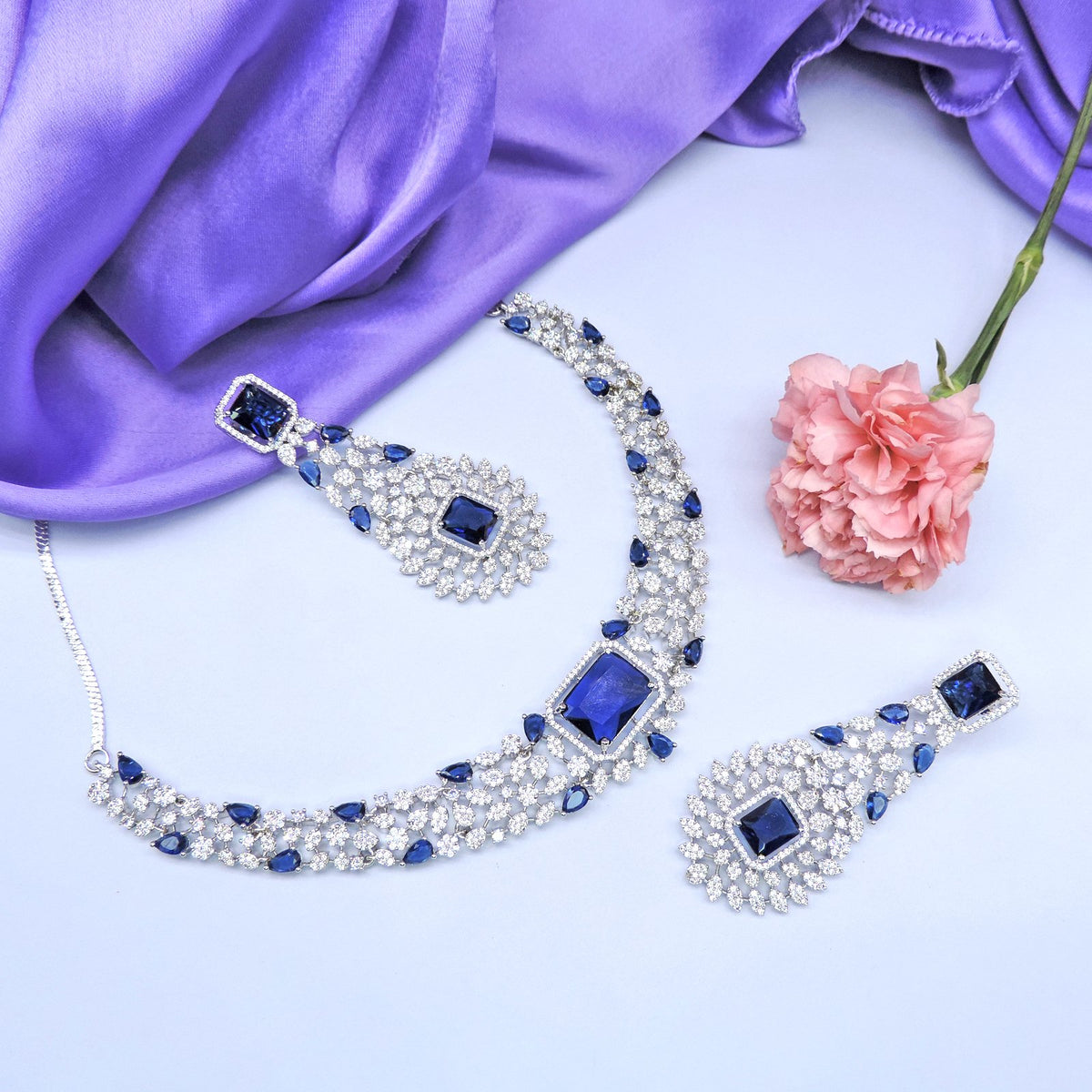 Premium CZ with navy blue doublet necklace set – Indian cubic zirconia necklace USA – Joyrias