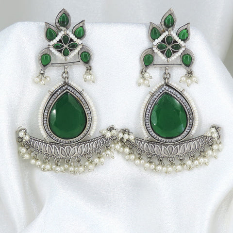 Oxidized silver green stone chandbali jhumka earrings with pearl detailing by joyrias