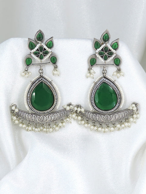 Oxidized silver green stone chandbali jhumka earrings with pearl detailing by joyrias