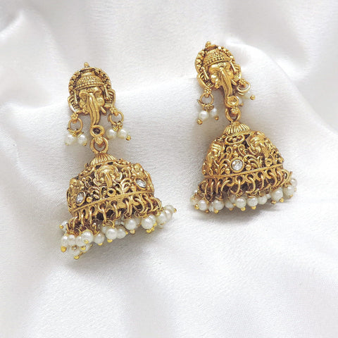 Temple gold-toned Ganesha jhumka earrings with pearl detailing by joyrias