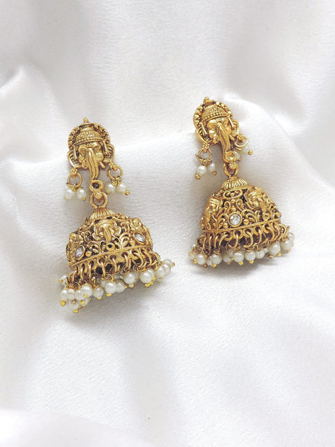Temple gold-toned Ganesha jhumka earrings with pearl detailing by joyrias