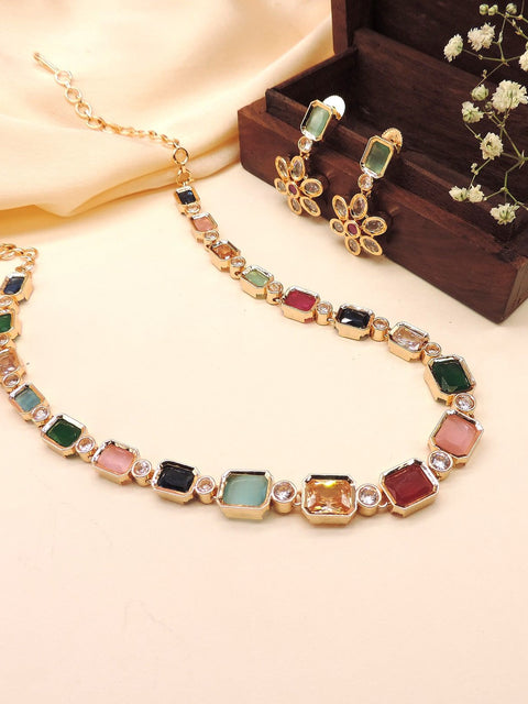 Multicolor stone minimal gold finish necklace set with earrings – Indian festive jewelry USA – Joyrias