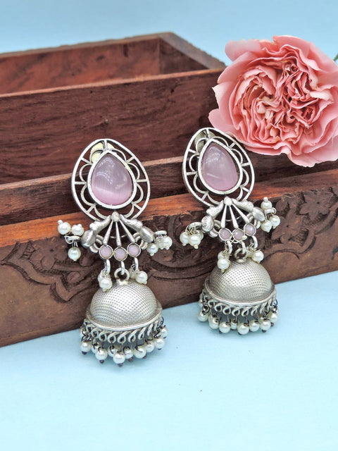 Pink floral feather jhumka – lightweight Indian jhumka earrings with pink stone – Joyrias