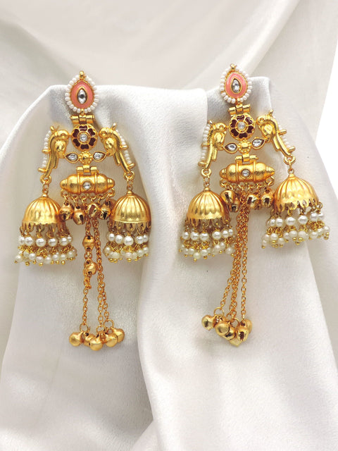 Peach Temple Jhumka Earrings by Joyrias