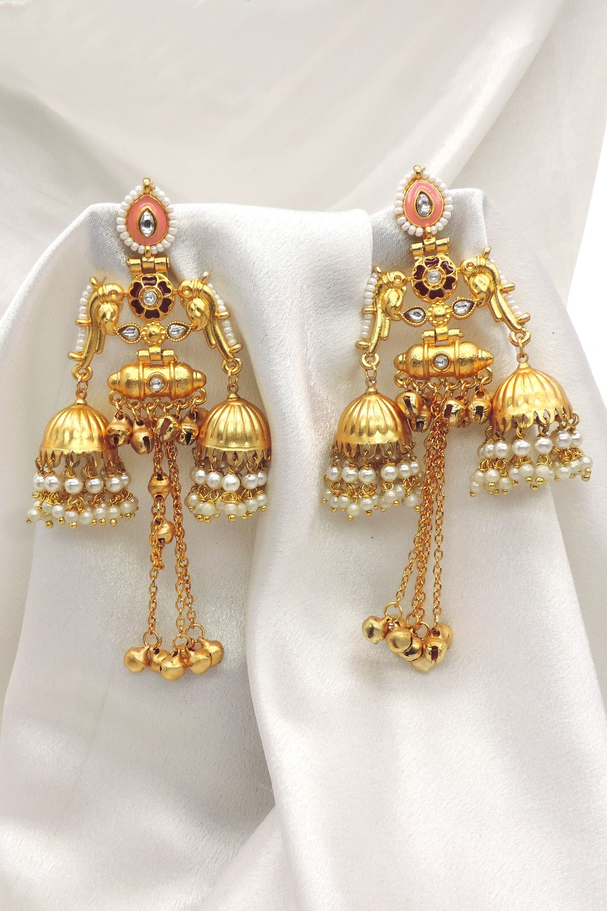 Peach Temple Jhumka Earrings by Joyrias