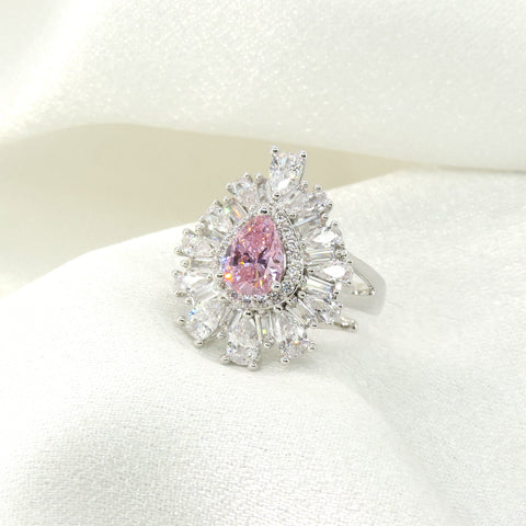 Pink Teardrop Sunburst CZ Ring by Joyrias