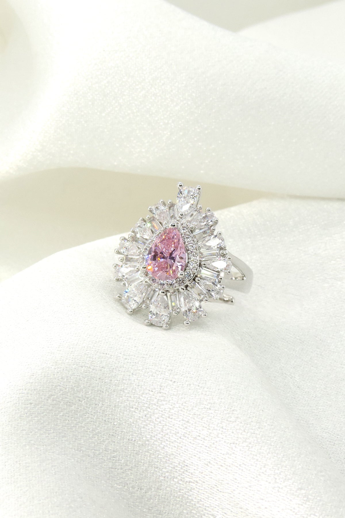 Pink Teardrop Sunburst CZ Ring by Joyrias